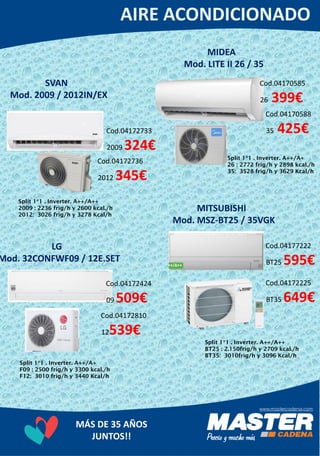 MÁS DE 35 AÑOS
JUNTOS!!
MITSUBISHI
Mod. MSZ-BT25 / 35VGK
Cod.04177222
BT25 595€
Cod.04172225
BT35 649€
Split 1*1 . Inverter. A++/A++
BT25 : 2.150frig/h y 2709 kcal./h
BT35: 3010frig/h y 3096 Kcal/h
SVAN
Mod. 2009 / 2012IN/EX
Cod.04172733
2009 324€
Cod.04172736
2012 345€
Split 1*1 . Inverter. A++/A++
2009 : 2236 frig/h y 2600 kcal./h
2012: 3026 frig/h y 3278 Kcal/h
MIDEA
Mod. LITE II 26 / 35
Cod.04170585
26 399€
Cod.04170588
35 425€
Split 1*1 . Inverter. A++/A+
26 : 2772 frig/h y 2898 kcal./h
35: 3528 frig/h y 3629 Kcal/h
LG
Mod. 32CONFWF09 / 12E.SET
Split 1*1 . Inverter. A++/A+
F09 : 2500 frig/h y 3300 kcal./h
F12: 3010 frig/h y 3440 Kcal/h
Cod.04172810
12539€
Cod.04172424
09 509€
 