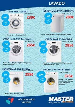 MÁS DE 35 AÑOS
JUNTOS!!
SVAN Mod. SVL 640
Cod.01302272
239€
Carga superior. Blanca. A+++. Display digital
INDESIT Mod. BTW-L60300SP/N
Blanca. A+++. Display digital
Cod.0172925
289€
CANDY Mod. CO4-1273D3/1S
Blanca. A+++. Display digital. 9 programas.
WIFI + Bluetooth
CANDY Mod. CS-1482 D3-S
Blanca. A+++. Display digital. 14 programas.
Tecnología Smart Touch
Cod.01172290
265€
Cod.01162313
285€
ZANUSSI Mod. ZWF-71240W
Cod.01158421
299€
Blanca. A+++. Display digital
ZANUSSI Mod. ZWF-01483W
Cod.01300653
375€
Blanca. A+++. Display
digital. Inicio diferido.
Cajón detergente
Flexidose
 
