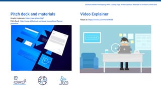 Business Model, Prototyping, MVP, Landing Page, Video Explainer, Materials for investors, Pitch Deck
Pitch deck and materials
Graphic materials: https://goo.gl/sm98qP
Pitch Deck: http://www.slideshare.net/jazzy_innovations/flyover-
pitchdeck
Video Explainer
Watch at: https://vimeo.com/131079120
 