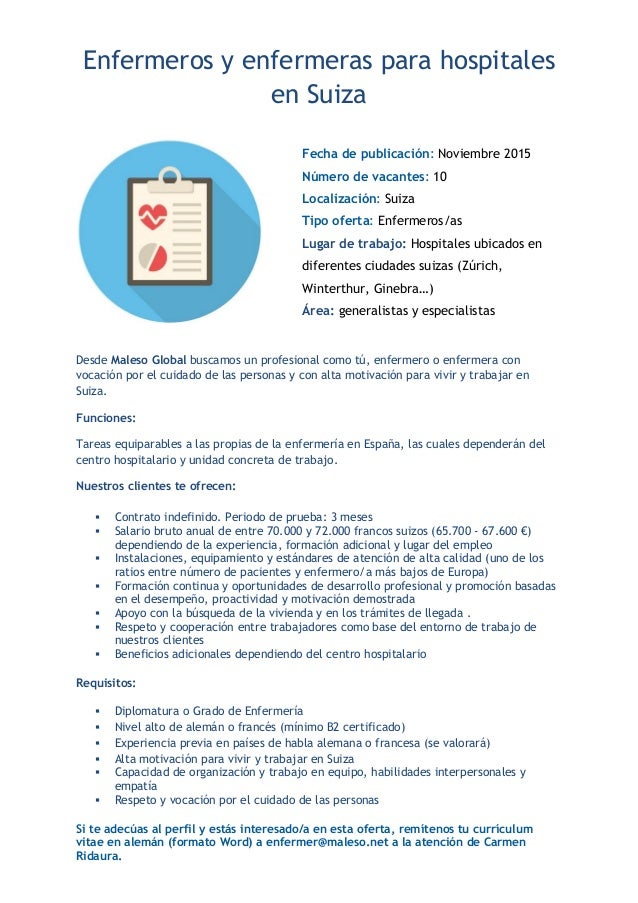 Oferta empleo enfermeras/os hospitales Suiza