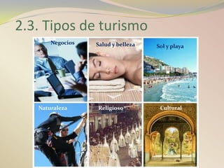 2.3. Tipos de turismo
       Negocios   Salud y belleza   Sol y playa




   Naturaleza     Religioso          Cultural
 