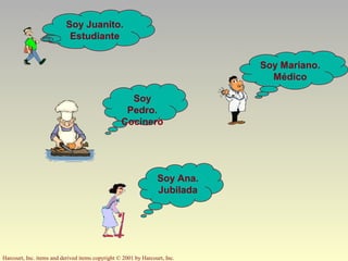 Harcourt, Inc. items and derived items copyright © 2001 by Harcourt, Inc.
Soy Juanito.
Estudiante
Soy
Pedro.
Cocinero
Soy Ana.
Jubilada
Soy Mariano.
Médico
 