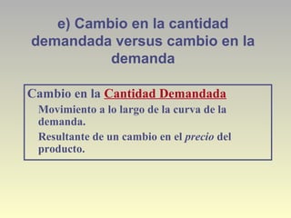 e) Cambio en la cantidad
demandada versus cambio en la
demanda
Cambio en la Cantidad Demandada
Movimiento a lo largo de la curva de la
demanda.
Resultante de un cambio en el precio del
producto.
 