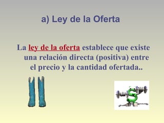 a) Ley de la Oferta
La ley de la oferta establece que existe
una relación directa (positiva) entre
el precio y la cantidad ofertada..
 