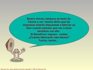Harcourt, Inc. items and derived items copyright © 2001 by Harcourt, Inc.
Bueno chicos, tampoco es tanto lío.
Vamos a ver: hemos dicho que las
empresas estarán dispuestas a fabricar un
bien cuando piensen que van a tener
beneficio con ello.
Si Beneficio= ingreso - costes
¿Cuándo fabricarán más bienes?
Tachín, tachín,…
 