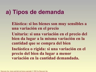 Harcourt, Inc. items and derived items copyright © 2001 by Harcourt, Inc.
a) Tipos de demanda
Elástica: si los bienes son muy sensibles a
una variación en el precio
Unitaria: si una variación en el precio del
bien da lugar a la misma variación en la
cantidad que se compra del bien
Inelástica o rígida: si una variación en el
precio del bien da lugar a menor
variación en la cantidad demandada.
 