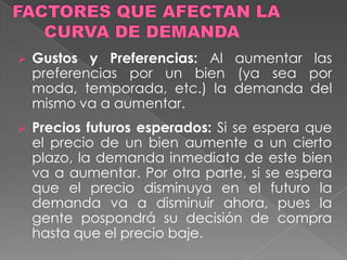 CURVA DE LA DEMANDA: Es una curva que muestra las cantidades de un bien que un consumidor está dispuesto a pagar y puede hacerlo, para comprar a diferentes niveles de precios.FACTORES QUE AFECTAN LA CURVA DE DEMANDAPrecios de otros bienes: Sustitutos, complementarios. 