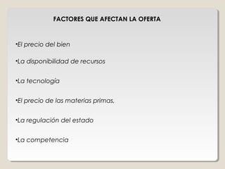 FACTORES QUE AFECTAN LA OFERTA


•El precio del bien

•La disponibilidad de recursos


•La tecnología


•El precio de las materias primas,


•La regulación del estado


•La competencia
 