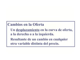 Cambios en la Oferta
Un desplazamiento en la curva de oferta,
a la derecha o a la izquierda.
Resultante de un cambio en cualquier
otra variable distinta del precio.
 