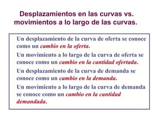 Desplazamientos en las curvas vs.
movimientos a lo largo de las curvas.
Un desplazamiento de la curva de oferta se conoce
como un cambio en la oferta.
Un movimiento a lo largo de la curva de oferta se
conoce como un cambio en la cantidad ofertada.
Un desplazamiento de la curva de demanda se
conoce como un cambio en la demanda.
Un movimiento a lo largo de la curva de demanda
se conoce como un cambio en la cantidad
demandada.
 