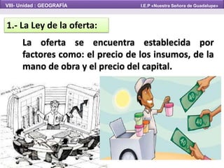 1.- La Ley de la oferta:
La oferta se encuentra establecida por
factores como: el precio de los insumos, de la
mano de obra y el precio del capital.
VIII- Unidad : GEOGRAFÍA I.E.P «Nuestra Señora de Guadalupe»