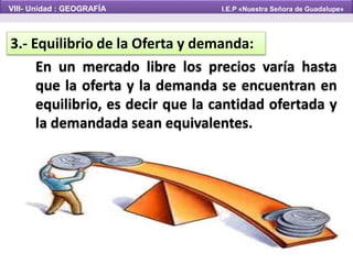 3.- Equilibrio de la Oferta y demanda:
En un mercado libre los precios varía hasta
que la oferta y la demanda se encuentran en
equilibrio, es decir que la cantidad ofertada y
la demandada sean equivalentes.
VIII- Unidad : GEOGRAFÍA I.E.P «Nuestra Señora de Guadalupe»