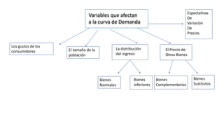 Variables que afectan
a la curva de Demanda
Los gustos de los
consumidores El tamaño de la
población
La distribución
del ingreso
Bienes
Normales
Bienes
inferiores
El Precio de
Otros Bienes
Bienes
Complementarios
Bienes
Sustitutos
Expectativas
De
Variación
De
Precios
 