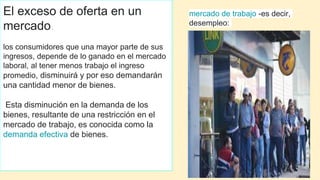 El exceso de oferta en un
mercado.
los consumidores que una mayor parte de sus
ingresos, depende de lo ganado en el mercado
laboral, al tener menos trabajo el ingreso
promedio, disminuirá y por eso demandarán
una cantidad menor de bienes.
Esta disminución en la demanda de los
bienes, resultante de una restricción en el
mercado de trabajo, es conocida como la
demanda efectiva de bienes.
mercado de trabajo -es decir,
desempleo:
 