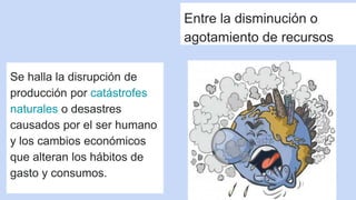 Entre la disminución o
agotamiento de recursos
Se halla la disrupción de
producción por catástrofes
naturales o desastres
causados por el ser humano
y los cambios económicos
que alteran los hábitos de
gasto y consumos.
 