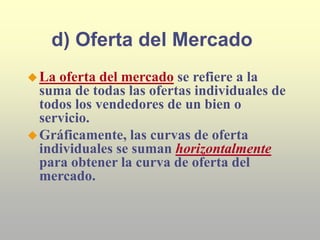 d) Oferta del Mercado
La oferta del mercado se refiere a la
suma de todas las ofertas individuales de
todos los vendedores de un bien o
servicio.
Gráficamente, las curvas de oferta
individuales se suman horizontalmente
para obtener la curva de oferta del
mercado.
 