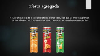 oferta agregada
 La oferta agregada es la oferta total de bienes y servicios que las empresas planean
poner a la venta en la economía nacional durante un periodo de tiempo especifico.
 