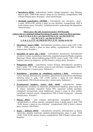 • Sprzedawca (0520) - wykształcenie średnie, obsługa komputera i kasy fiskalnej,
       praca w godz. 10:00-18:00, umowa o pracę na czas określony, wynagrodzenie 1600
       zł brutto (miejsce pracy: Koszalin) - prace interwencyjne

     • Mechanik samochodowy (10/3068) – wykształcenie min. zawodowe,              praca
       w godz. 08:00-16:00, umowa o pracę na czas określony, wynagrodzenie 1600 zł
       brutto (miejsce pracy: Koszalin) - refundacja kosztów wyposażenia lub doposażenia
       stanowisk pracy

               Oferty pracy dla osób zarejestrowanych w PUP Koszalin
realizowanie są w pokojach obsługi bezrobotnych zgodnie z pierwszą literą nazwiska:
        A, B, C, Ć, D, E, F, H, I - tel. (94) 34-55-716; G, K - tel. (94) 34-55-717;
                          J, L, M, N, O, U - tel. (94) 34- 55-718;
           Ł, P, R, T, Z, Ź, Ż - tel. (94)34-55-719; S, Ś, W - tel.(94) 34-55-720

 •   Sprzedawca –kasjer ( 0688) – doświadczenie zawodowe, praca w godz. 6:00 -13:00,
     12:00 – 20:00, umowa o pracę na okres próbny, wynagrodzenie: 1600 zł brutto
     (miejsce pracy: Koszalin )

 •   Specjalista do spraw płac ( 0634) – wykształcenie ekonomiczne, doświadczenie
     zawodowe w pracy na podobnym stanowisku, znajomość programu Płatnik, programu
     płacowego Vulcan, arkuszu kalkulacyjnego EXCEL, praca w godz. 7:00 -15:00 – do
     ustalenia, umowa na zastępstwo, od 850 zł brutto, ( miejsce pracy: Koszalin )

 •   Pielęgniarka (0645) – wykształcenie wyższe licencjat, doświadczenie zawodowe,
     praca w godz. 7:00 -15:00, umowa o pracę na czas określony, wynagrodzenie 2700 zł
     brutto miesięcznie, ( miejsce pracy: Sarbinowo )

 •   Rehabilitant – specjalista ds. rehabilitacji ruchowej ( 0646) – wykształcenie
     wyższe licencjat, doświadczenie zawodowe, uprawnienia do prowadzenia rehabilitacji
     ruchowej, praca w godz. 7:00 -15:00, umowa o pracę na czas określony,
     wynagrodzenie 2700 zł brutto miesięcznie, ( miejsce pracy: Sarbinowo )

 •   Przedstawiciel handlowy (sektor B2B) (0550) –wykształcenie średnie,
     doświadczenie zawodowe na stanowisku przedstawiciel handlowy, prawo jazdy kat.
     B, własny samochód, znajomość branży DIY, znajomość technik sprzedaży,
     umiejętność nawiązywania relacji handlowych, umowa o pracę na okres próbny,
     zarządzanie własnym czasem, wynagrodzenie 2200 zł brutto miesięcznie + prowizja
     (miejsce pracy : Koszalin )

 •   Murarz (0541) – mile widziane doświadczenie, umiejętność murowania
     z prefabrykatów tj. silikaty, siporeks, umiejętność pracy w grupie, praca w godz. 8:00
     -16:00, umowa o pracę na czas określony, wynagrodzenie 1600 zł brutto ( miejsce
     pracy: Unieście, cała Polska )

 •   Kasjer – bufetowy (0535) – wykształcenie zawodowe, doświadczenie na danym
     stanowisku, aktualna książeczka sanitarno-epidemiologiczna, praca w godz. 10:00
     -18:00, 18:00 -02:00, umowa zlecenie, wynagrodzenie 1600 zł brutto ( miejsce pracy:
     Koszalin)



                                          -4-
 