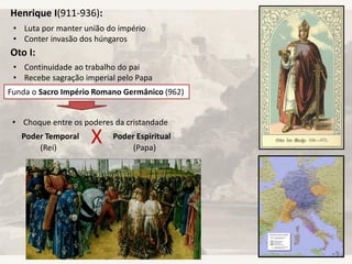 Henrique I(911-936):
• Luta por manter união do império
• Conter invasão dos húngaros
Oto I:
• Continuidade ao trabalho do pai
• Recebe sagração imperial pelo Papa
Funda o Sacro Império Romano Germânico (962)
• Choque entre os poderes da cristandade
Poder Temporal Poder EspiritualX(Rei) (Papa)
 