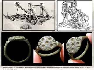 Medieval Europe, c. 9th-11th century AD. Bronze ring engraved with a cross with 5-wounds-of-Christ design. Soft green patina, earthen deposits. US size 6 1/2. ex-D
Glover, UK. #JR2029: $175
 