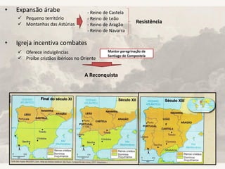 • Expansão árabe
• Igreja incentiva combates
 Pequeno território
 Montanhas das Astúrias
 Oferece indulgências
 Proíbe cristãos ibéricos no Oriente
- Reino de Castela
- Reino de Leão
- Reino de Aragão
- Reino de Navarra
Manter peregrinação de
Santiago de Compostela
Resistência
A Reconquista
 