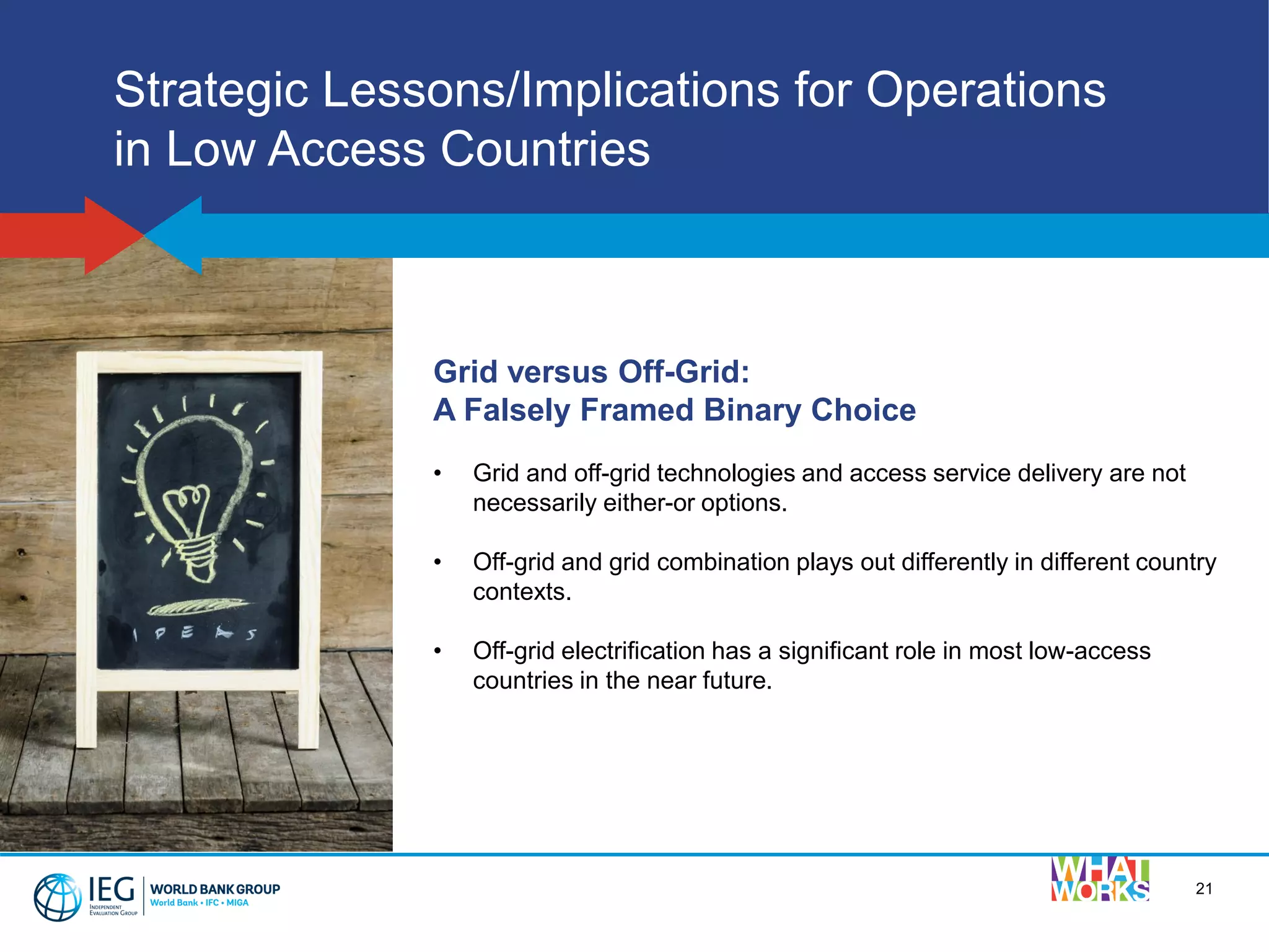 21
Strategic Lessons/Implications for Operations
in Low Access Countries
Grid versus Off-Grid:
A Falsely Framed Binary Choice
• Grid and off-grid technologies and access service delivery are not
necessarily either-or options.
• Off-grid and grid combination plays out differently in different country
contexts.
• Off-grid electrification has a significant role in most low-access
countries in the near future.
 