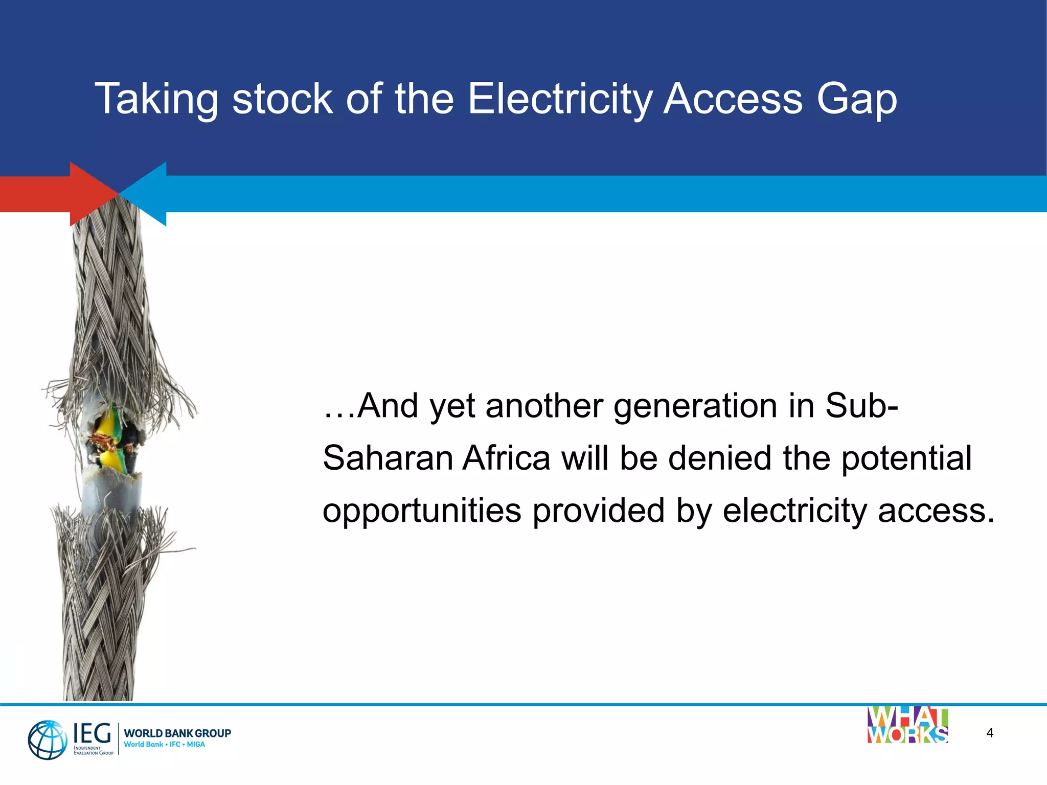 4
Taking stock of the Electricity Access Gap
…And yet another generation in Sub-
Saharan Africa will be denied the potential
opportunities provided by electricity access.
 