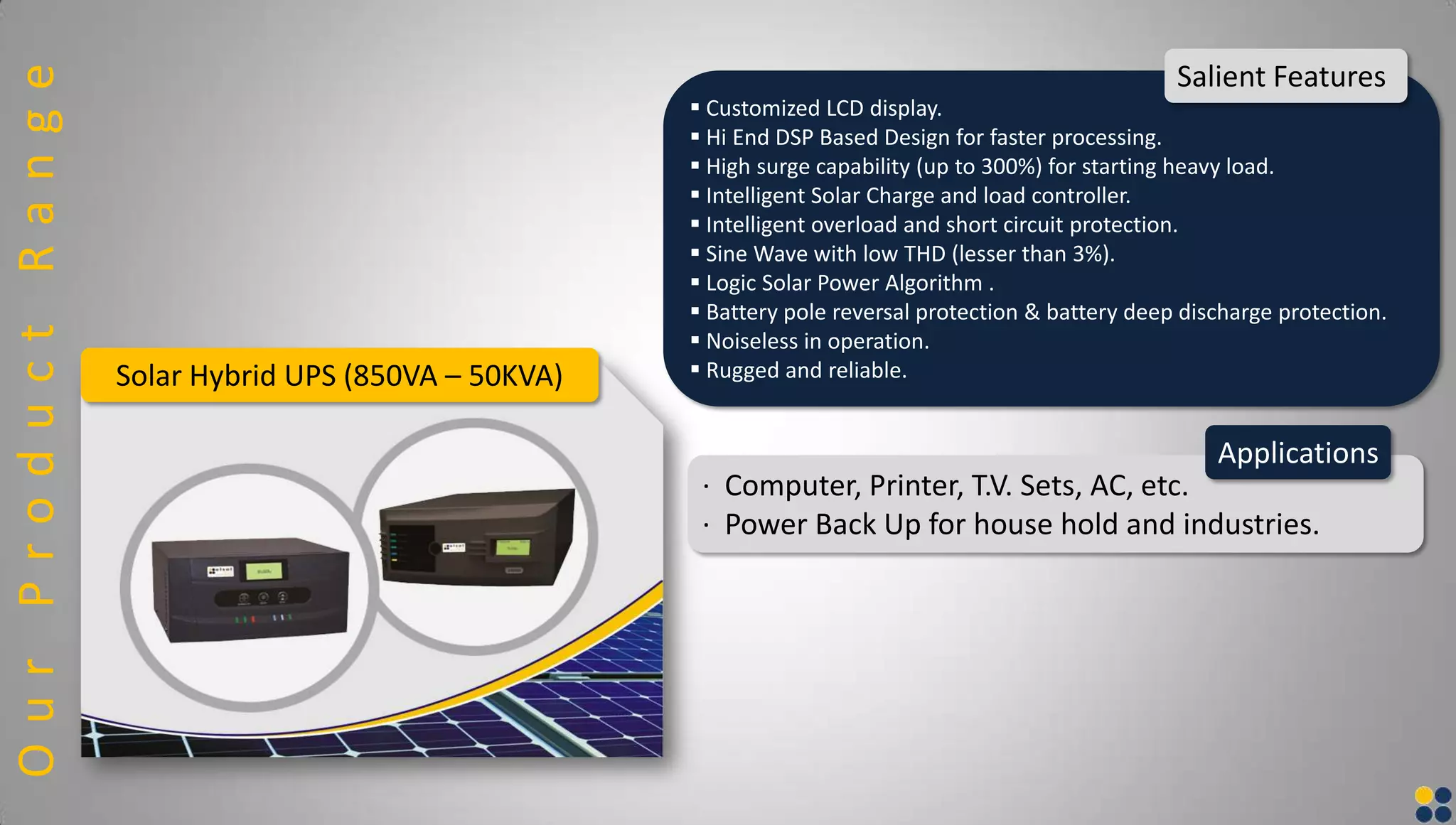 Solar Hybrid UPS (850VA – 50KVA)
 Customized LCD display.
 Hi End DSP Based Design for faster processing.
 High surge capability (up to 300%) for starting heavy load.
 Intelligent Solar Charge and load controller.
 Intelligent overload and short circuit protection.
 Sine Wave with low THD (lesser than 3%).
 Logic Solar Power Algorithm .
 Battery pole reversal protection & battery deep discharge protection.
 Noiseless in operation.
 Rugged and reliable.
Salient Features
OurProductRange
· Computer, Printer, T.V. Sets, AC, etc.
· Power Back Up for house hold and industries.
Applications
 