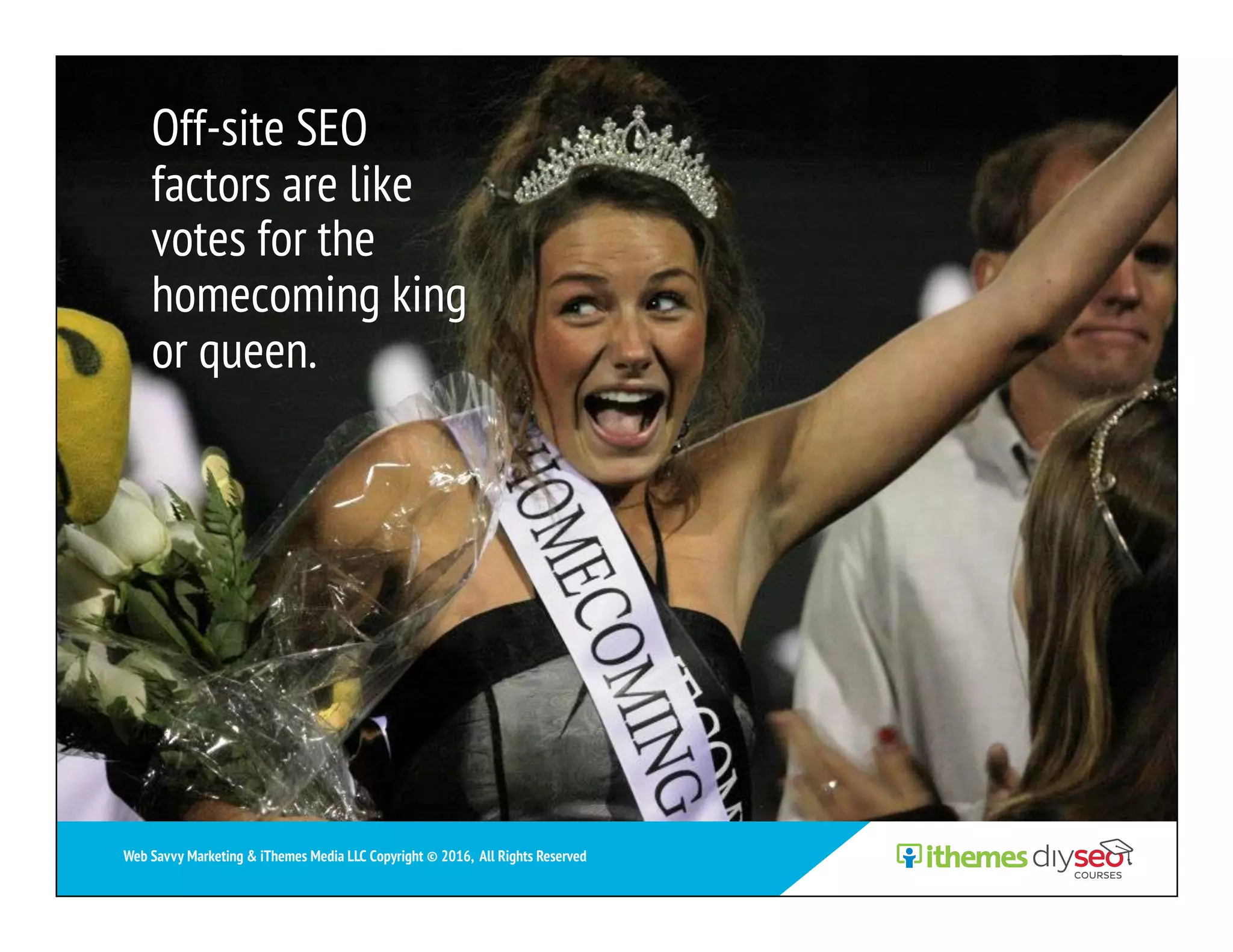 Off-site SEO
factors are like
votes for the
homecoming king
or queen.
Web Savvy Marketing & iThemes Media LLC Copyright © 2016, All Rights Reserved
 