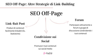 SEO Off-Page: Altre Strategie di Link-Building
SEO Off-Page
Forum
Partecipare attivamente a
forum e gruppi di
discussione condividendo i
tuoi contenuti
Produci di contenuti
facilmente linkabili (Ex.
Statistiche)
Link-Bait Post
Condivisione sui
Social
Promuovi i tuoi contenuti
sui social media
 