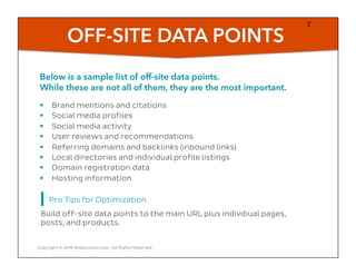 OFF-SITE DATA POINTS
§  Brand mentions and citations
§  Social media profiles
§  Social media activity
§  User reviews and...