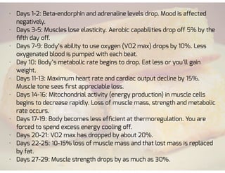 • Days 1-2: Beta-endorphin and adrenaline levels drop. Mood is affected
negatively.
• Days 3-5: Muscles lose elasticity. Aerobic capabilities drop off 5% by the
ﬁfth day off.
• Days 7-9: Body’s ability to use oxygen (VO2 max) drops by 10%. Less
oxygenated blood is pumped with each beat.
• Day 10: Body’s metabolic rate begins to drop. Eat less or you’ll gain
weight.
• Days 11-13: Maximum heart rate and cardiac output decline by 15%.
Muscle tone sees ﬁrst appreciable loss.
• Days 14-16: Mitochondrial activity (energy production) in muscle cells
begins to decrease rapidly. Loss of muscle mass, strength and metabolic
rate occurs.
• Days 17-19: Body becomes less efﬁcient at thermoregulation. You are
forced to spend excess energy cooling off.
• Days 20-21: VO2 max has dropped by about 20%.
• Days 22-25: 10-15% loss of muscle mass and that lost mass is replaced
by fat.
• Days 27-29: Muscle strength drops by as much as 30%.
 