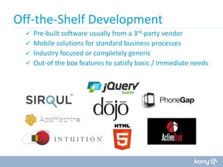 Off-the-Shelf Development
Pre-built software usually from a 3rd-party vendor
 Mobile solutions for standard business processes
 Industry focused or completely generic
 Out-of the box features to satisfy basic / immediate needs


 