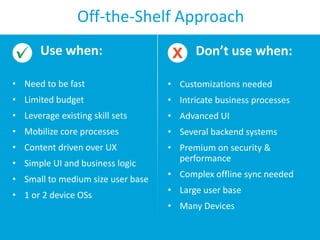 Off-the-Shelf Approach
Use when:

Don’t use when:

• Need to be fast

• Customizations needed

• Limited budget

• Intricate business processes

• Leverage existing skill sets

• Advanced UI

• Mobilize core processes

• Several backend systems

• Content driven over UX

• Premium on security &
performance

• Simple UI and business logic
• Small to medium size user base
• 1 or 2 device OSs

• Complex offline sync needed
• Large user base
• Many Devices

 
