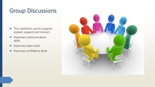 Group Discussions
 This method is use to support,
explain, expand and interact.
 Improves communication
skills.
 Improves team work.
 Improves confidence level
 