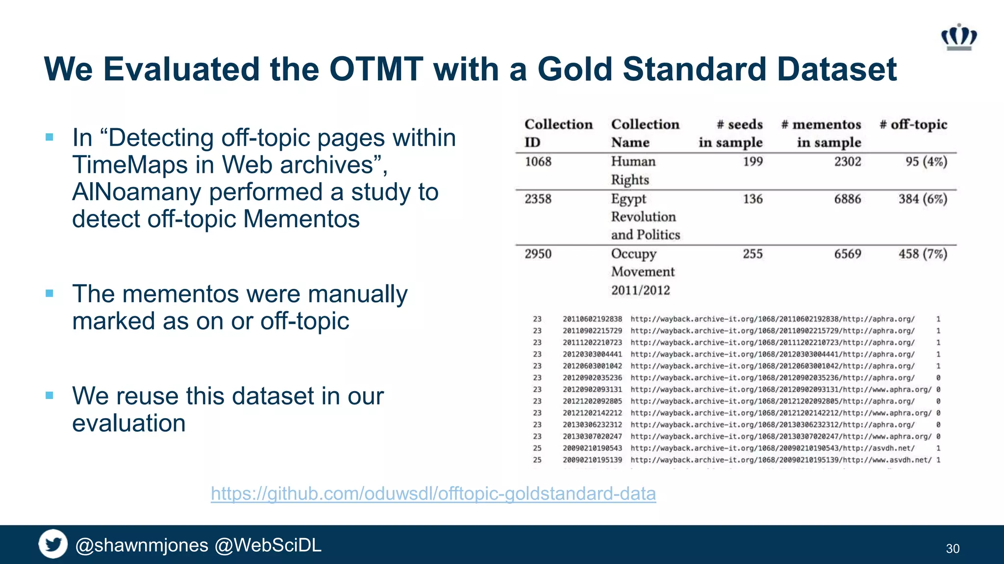 @shawnmjones @WebSciDL
We Evaluated the OTMT with a Gold Standard Dataset
 In “Detecting off-topic pages within
TimeMaps in Web archives”,
AlNoamany performed a study to
detect off-topic Mementos
 The mementos were manually
marked as on or off-topic
 We reuse this dataset in our
evaluation
30
https://github.com/oduwsdl/offtopic-goldstandard-data
 
