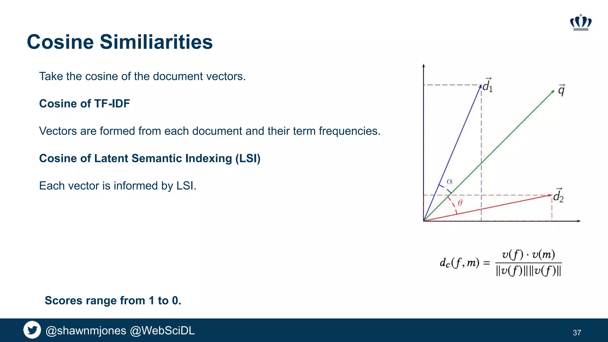 @shawnmjones @WebSciDL
Cosine Similiarities
37
Take the cosine of the document vectors.
Cosine of TF-IDF
Vectors are formed from each document and their term frequencies.
Cosine of Latent Semantic Indexing (LSI)
Each vector is informed by LSI.
Scores range from 1 to 0.
 