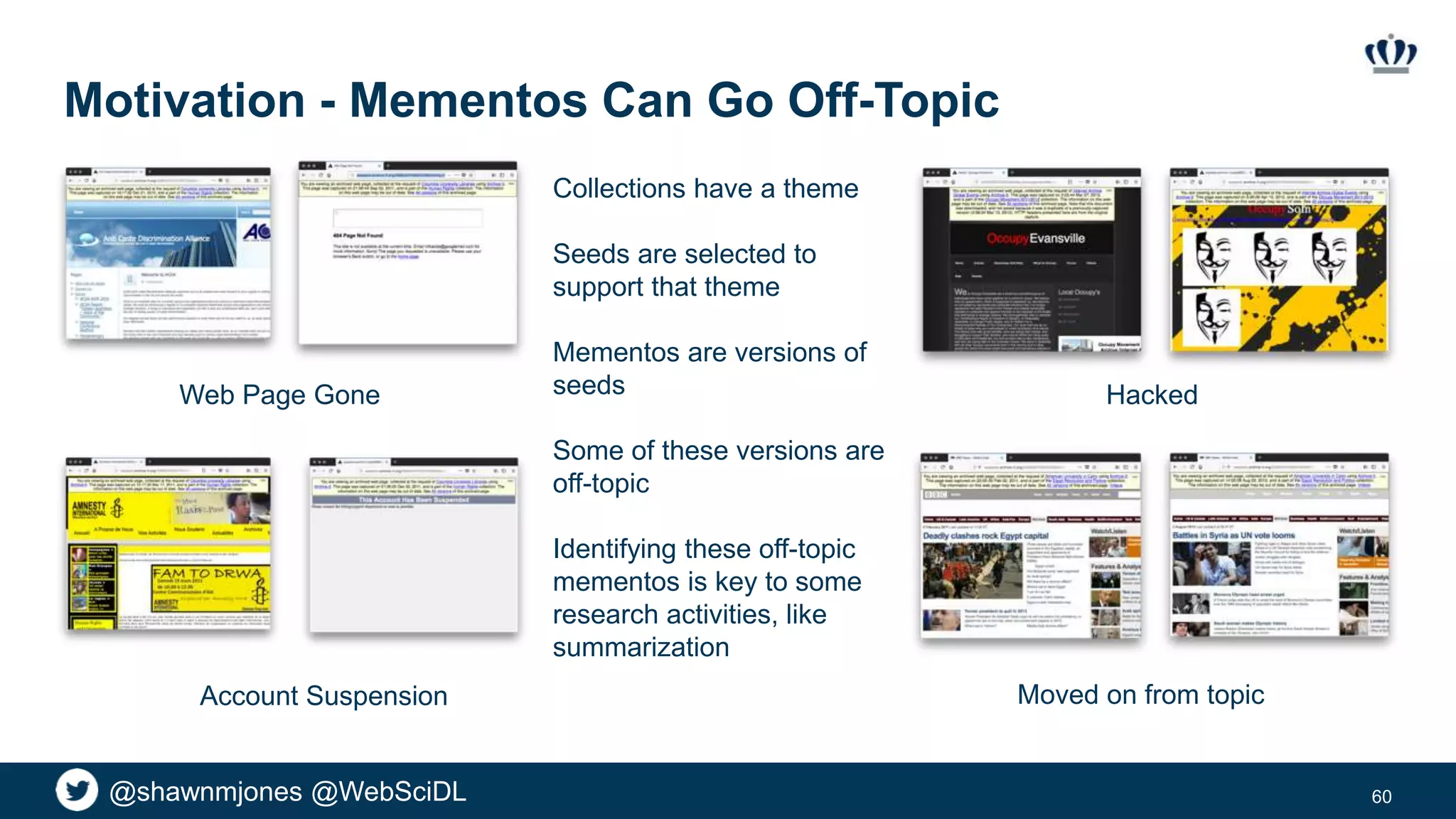 @shawnmjones @WebSciDL
Motivation - Mementos Can Go Off-Topic
60
Hacked
Moved on from topic
Collections have a theme
Seeds are selected to
support that theme
Mementos are versions of
seeds
Some of these versions are
off-topic
Identifying these off-topic
mementos is key to some
research activities, like
summarization
Web Page Gone
Account Suspension
 