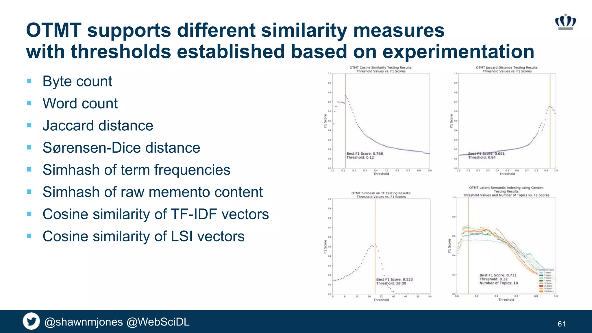 @shawnmjones @WebSciDL
OTMT supports different similarity measures
with thresholds established based on experimentation
 Byte count
 Word count
 Jaccard distance
 Sørensen-Dice distance
 Simhash of term frequencies
 Simhash of raw memento content
 Cosine similarity of TF-IDF vectors
 Cosine similarity of LSI vectors
61
 
