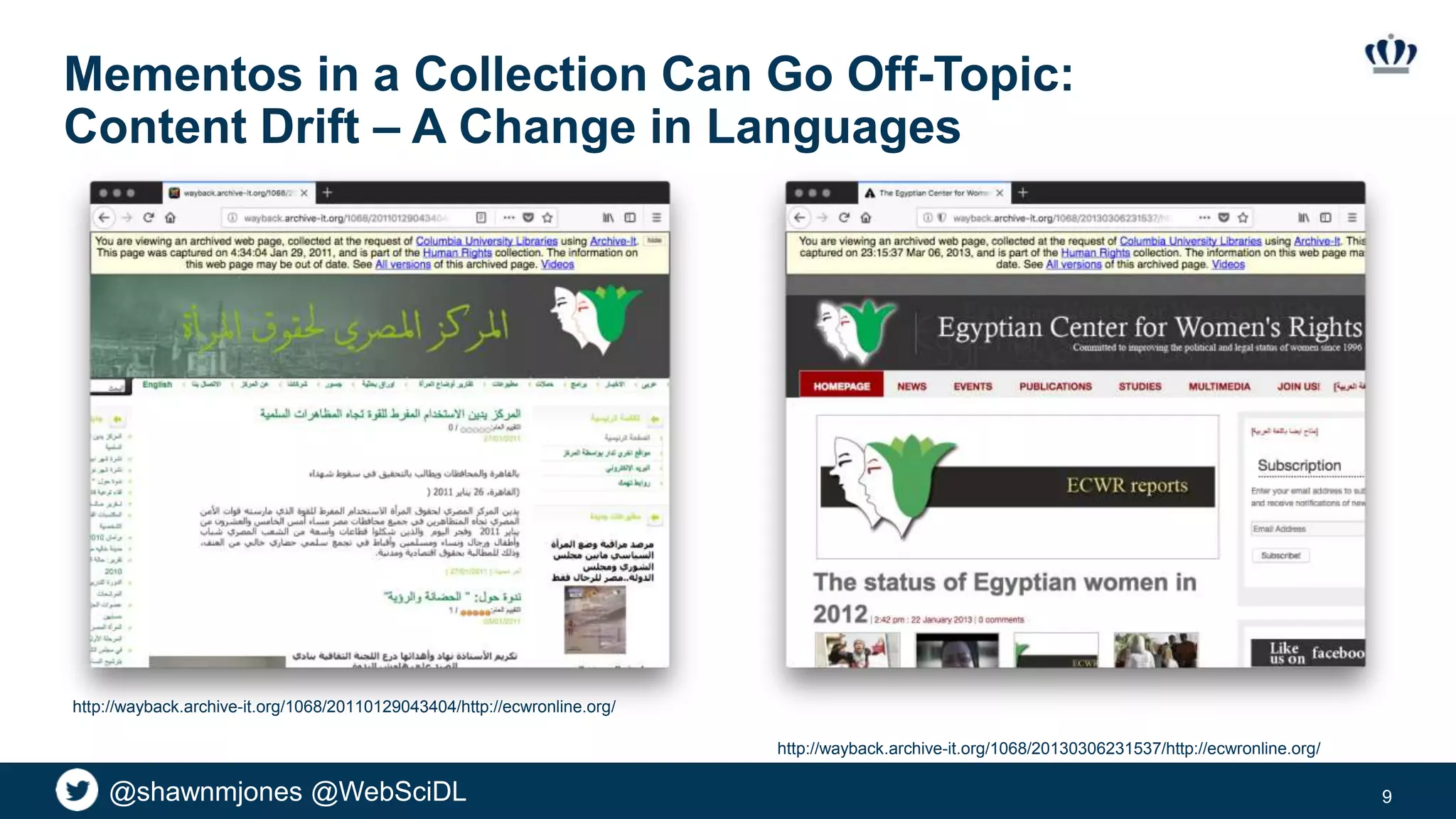 @shawnmjones @WebSciDL
Mementos in a Collection Can Go Off-Topic:
Content Drift – A Change in Languages
9
http://wayback.archive-it.org/1068/20130306231537/http://ecwronline.org/
http://wayback.archive-it.org/1068/20110129043404/http://ecwronline.org/
 