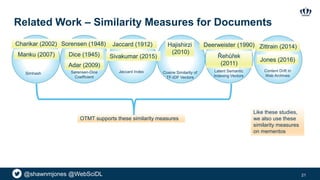 @shawnmjones @WebSciDL
Related Work – Similarity Measures for Documents
21
Manku (2007)
Sorensen (1948)
Dice (1945)
Jaccard (1912)
Simhash
Charikar (2002)
Sørensen-Dice
Coefficient
Jaccard Index
Hajishirzi
(2010)
Cosine Similarity of
TF-IDF Vectors
Cosine Similarity of
Latent Semantic
Indexing Vectors
Deerweister (1990)
OTMT supports these similarity measures
Adar (2009)
Sivakumar (2015) Řehůřek
(2011)
Like these studies,
we also use these
similarity measures
on mementos
Content Drift in
Web Archives
Jones (2016)
Zittrain (2014)
 