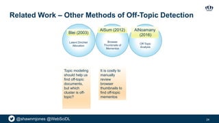 @shawnmjones @WebSciDL
Related Work – Other Methods of Off-Topic Detection
24
AlNoamany
(2016)
Latent Dirichlet
Allocation
Blei (2003)
Browser
Thumbnails of
Mementos
AlSum (2012)
Off-Topic
Analysis
Topic modeling
should help us
find off-topic
documents,
but which
cluster is off-
topic?
It is costly to
manually
review
browser
thumbnails to
find off-topic
mementos
 