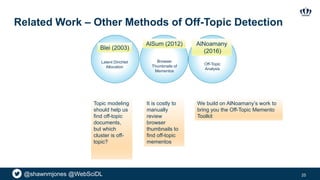 @shawnmjones @WebSciDL
Related Work – Other Methods of Off-Topic Detection
25
AlNoamany
(2016)
Latent Dirichlet
Allocation
Blei (2003)
Browser
Thumbnails of
Mementos
AlSum (2012)
Off-Topic
Analysis
We build on AlNoamany’s work to
bring you the Off-Topic Memento
Toolkit
Topic modeling
should help us
find off-topic
documents,
but which
cluster is off-
topic?
It is costly to
manually
review
browser
thumbnails to
find off-topic
mementos
 