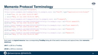 @shawnmjones @WebSciDL
Memento Protocol Terminology
<http://a.example.org>;rel="original",
<http://arxiv.example.net/timemap/http://a.example.org>; rel="self"; type="application/link-format"
; from="Tue, 20 Jun 2000 18:02:59 GMT"
; until="Wed, 21 Jun 2000 04:41:56 GMT",
<http://arxiv.example.net/timegate/http://a.example.org>; rel="timegate",
<http://arxiv.example.net/web/20000620180259/http://a.example.org>; rel="first memento";
datetime="Tue, 20 Jun 2000 18:02:59 GMT",
<http://arxiv.example.net/web/20091027204954/http://a.example.org>; rel="last memento";
datetime="Tue, 27 Oct 2009 20:49:54 GMT",
<http://arxiv.example.net/web/20000621011731/http://a.example.org>; rel="memento";
datetime="Wed, 21 Jun 2000 01:17:31 GMT",
<http://arxiv.example.net/web/20000621044156/http://a.example.org>; rel="memento";
datetime="Wed, 21 Jun 2000 04:41:56 GMT"
…
26
Each seed, or original resource, has a corresponding TimeMap listing all of that seed’s mementos and capture times, their memento-
datetimes.
URI-T: a URI for a TimeMap
URI-M: a URI for a memento
 