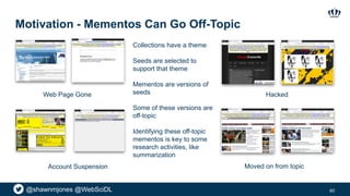 @shawnmjones @WebSciDL
Motivation - Mementos Can Go Off-Topic
60
Hacked
Moved on from topic
Collections have a theme
Seeds are selected to
support that theme
Mementos are versions of
seeds
Some of these versions are
off-topic
Identifying these off-topic
mementos is key to some
research activities, like
summarization
Web Page Gone
Account Suspension
 