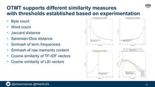 @shawnmjones @WebSciDL
OTMT supports different similarity measures
with thresholds established based on experimentation
 Byte count
 Word count
 Jaccard distance
 Sørensen-Dice distance
 Simhash of term frequencies
 Simhash of raw memento content
 Cosine similarity of TF-IDF vectors
 Cosine similarity of LSI vectors
61
 