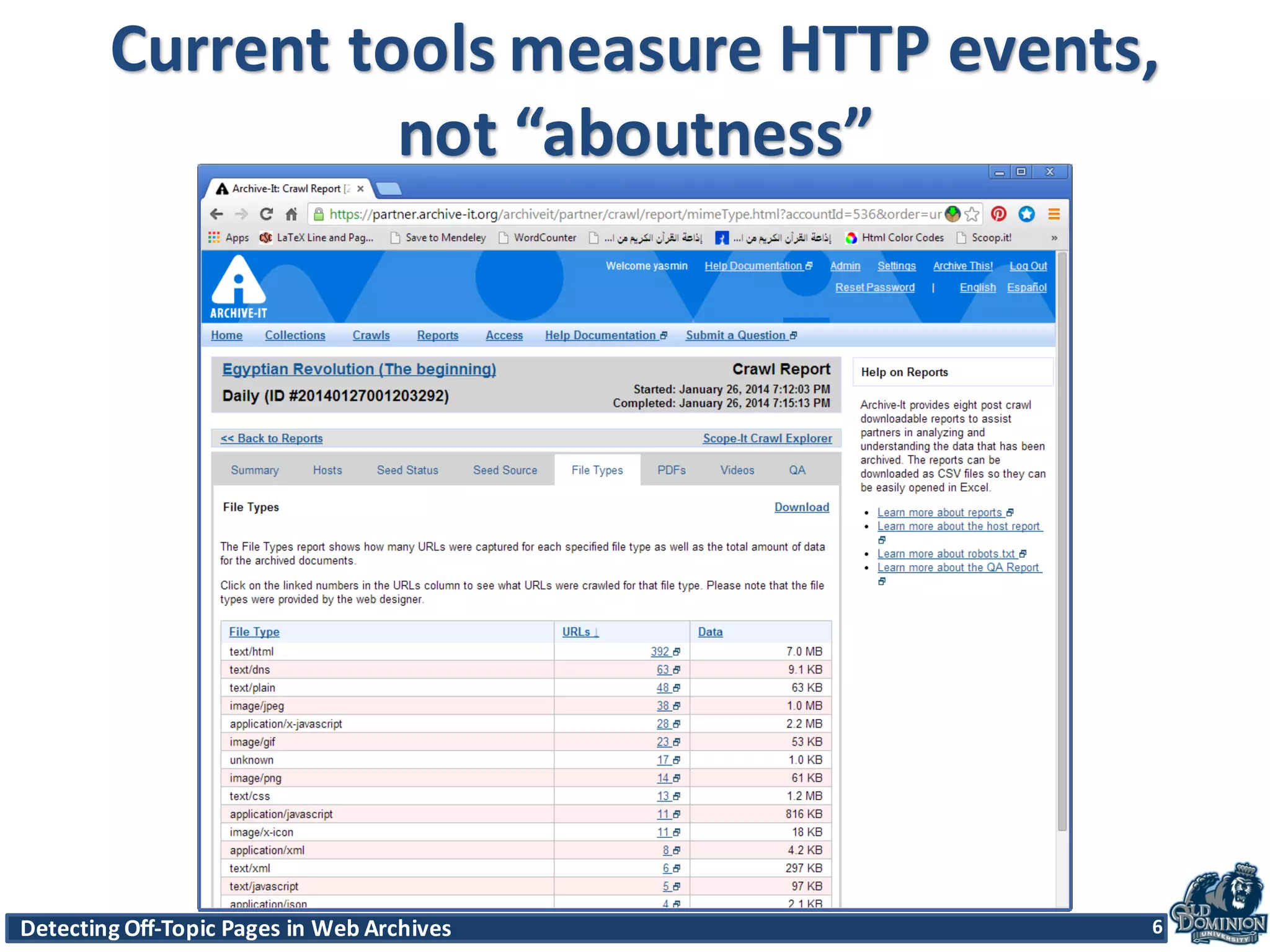 Detecting	
  Off-­‐Topic	
  Pages	
  in	
  Web	
  Archives 6Detecting	
  Off-­‐Topic	
  Pages	
  in	
  Web	
  Archives 6
Current	
  tools	
  measure	
  HTTP	
  events,	
  
not	
  “aboutness”
6
 