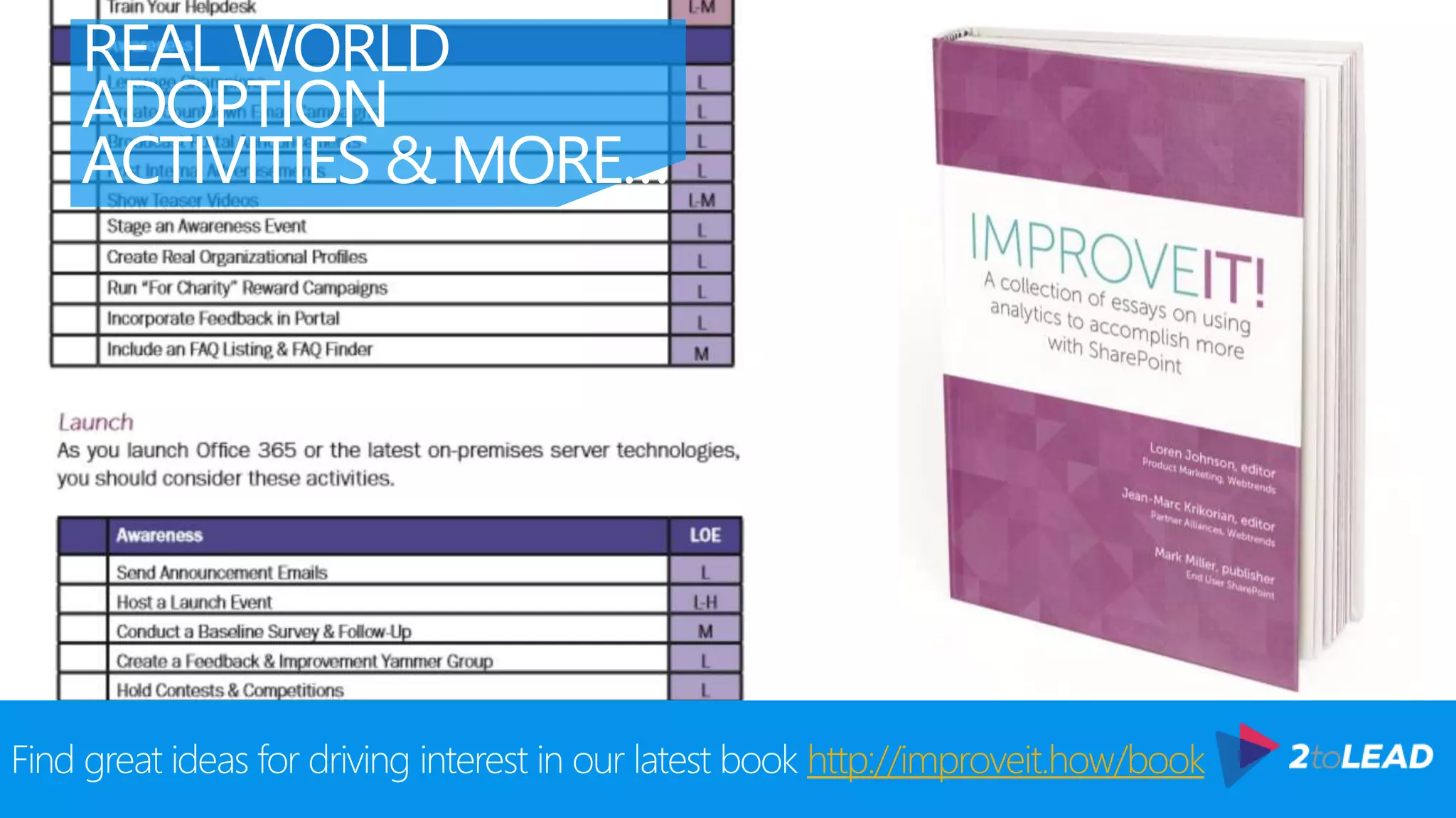 REAL WORLD
ADOPTION
ACTIVITIES & MORE…
Find great ideas for driving interest in our latest book http://improveit.how/book
 
