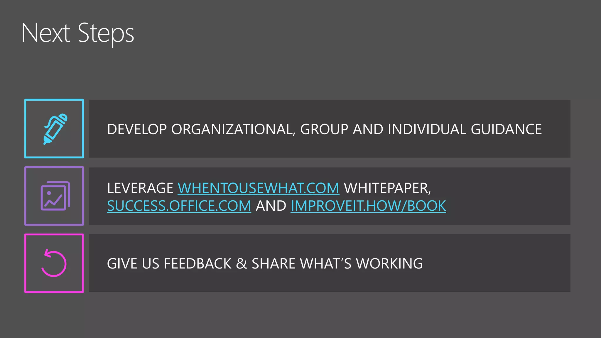 DEVELOP ORGANIZATIONAL, GROUP AND INDIVIDUAL GUIDANCE
LEVERAGE WHENTOUSEWHAT.COM WHITEPAPER,
SUCCESS.OFFICE.COM AND IMPROVEIT.HOW/BOOK
GIVE US FEEDBACK & SHARE WHAT’S WORKING
 