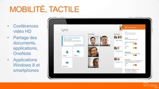 MOBILITÉ, TACTILE
• Conférences
  vidéo HD
• Partage des
  documents,
  applications,
  OneNote
• Applications
  Windows 8 et
  smartphones
 